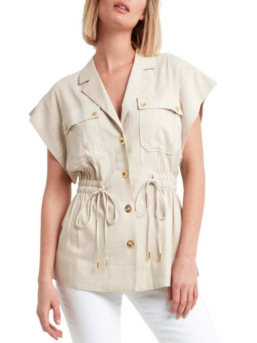 H Halston Short-Sleeve Utility button down Jacket /top, Ivory, Size L